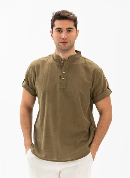 Kısa Kol Şantuklu Pamuk Bodrum Erkek Yazlık Tshirt Haki 3049 ürün görseli