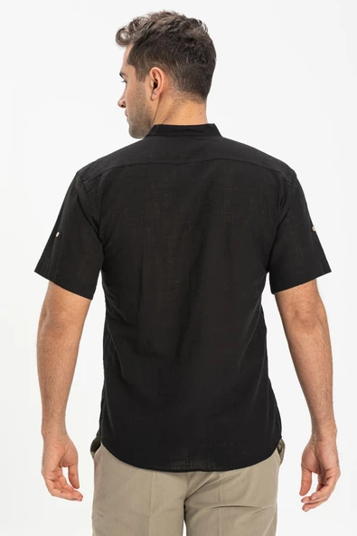 Kısa Kol Şantuklu Pamuk Bodrum Erkek Yazlık Tshirt Siyah 3003 - 2