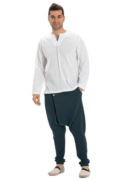 Uzun Kol Şile Bezi Bisiklet Yaka Erkek Yazlık Tshirt Beyaz 3001 - 6