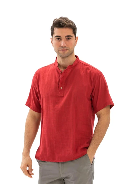 Kısa Kol Şantuklu Pamuk Bodrum Erkek Yazlık Tshirt Kırmızı 3051 S Kırmızı - 6