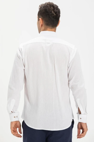 Uzun Kol Dar Kalıp Şile Bezi Tek Cepli Erkek Yazlık Gömlek Beyaz 3001 - Resim 2