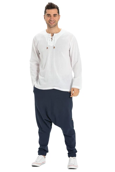 Uzun Kol Şile Bezi Zımbalı Erkek Yazlık Tshirt Beyaz 3001 - Resim 5