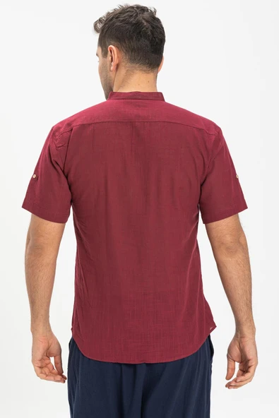 Kısa Kol Şantuklu Pamuk Bodrum Erkek Yazlık Tshirt Koyu Bordo 3068 - Resim 2