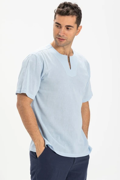 Kısa Kol Şile Bezi Bisiklet Yaka Erkek Yazlık Tshirt Buz Mavi 3027 - 1
