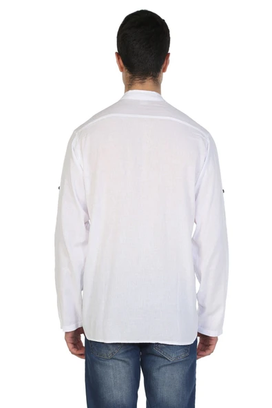 Uzun Kol Şantuklu Pamuk Bodrum Erkek Yazlık Tshirt Beyaz 9001 S Beyaz - 2