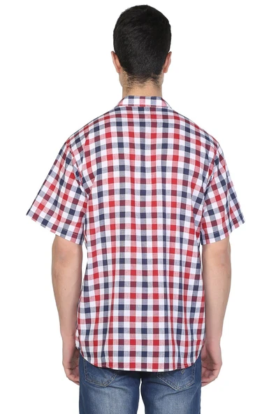 Kısa Kol Şile Bezi Tek Cepli Hakim Yaka Erkek Yazlık Tshirt Kırmızı Lacivert Kareli 3008 - Resim 2