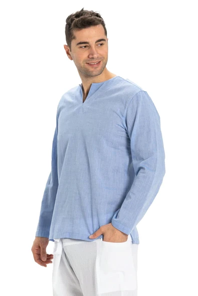 Uzun Kol Şile Bezi Bisiklet Yaka Erkek Yazlık Tshirt Mavi 3032 - Resim 6