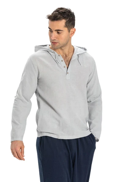 Şile Bezi Kapüşonlu Erkek Yazlık Sweatshirt Gri Gri 2XL Gri - 7