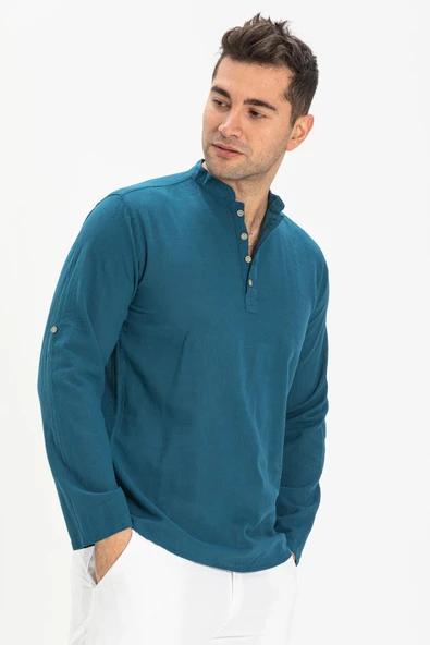Uzun Kol Şantuklu Pamuk Bodrum Erkek Yazlık Tshirt Petrol 9005 S Petrol - 3