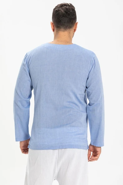 Uzun Kol Şile Bezi Bisiklet Yaka Erkek Yazlık Tshirt Mavi 3032 - Resim 2