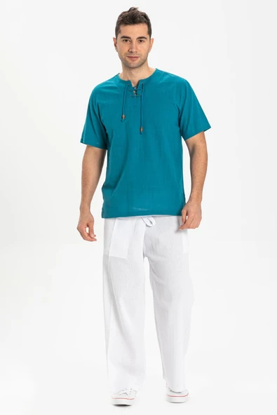 Kısa Kol Şile Bezi Zımbalı Erkek Yazlık Tshirt Petrol 3053 - 4