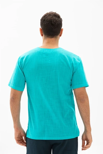 Kısa Kol Şile Bezi Bisiklet Yaka Erkek Yazlık Tshirt Turkuaz 3054 - 2