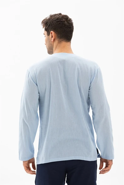 Uzun Kol Şile Bezi Bisiklet Yaka Erkek Yazlık Tshirt Buz Mavi 3027 - Resim 2