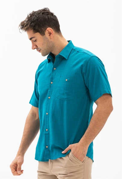 Kısa Kol Şile Bezi Tek Cepli Erkek Yazlık Gömlek Petrol 3053 - 3