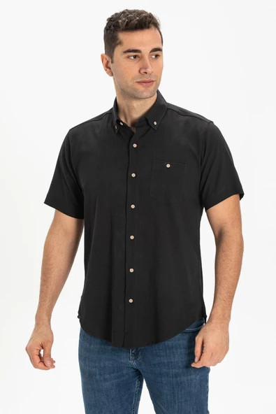 Kısa Kol Dar Kalıp Şile Bezi Tek Cepli Erkek Yazlık Gömlek Siyah 3003
