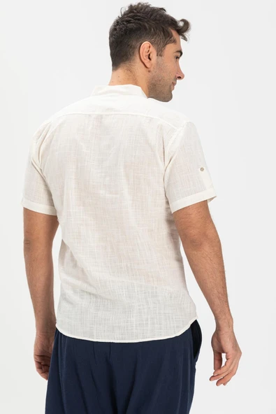 Kısa Kol Şantuklu Pamuk Bodrum Erkek Yazlık Tshirt Krem 3002 - 2