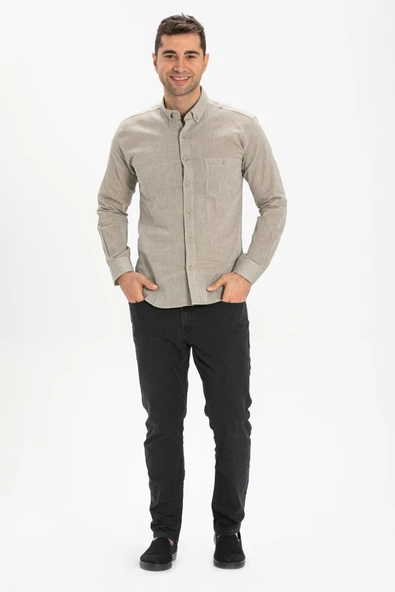 Uzun Kol Dar Kalıp Şile Bezi Tek Cepli Erkek Yazlık Gömlek Taş 3031