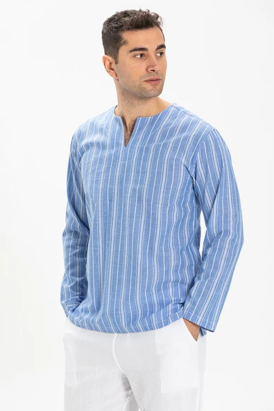 Uzun Kol Şile Bezi Bisiklet Yaka Erkek Yazlık Tshirt Mavi Beyaz Çizgili 3019 - 4