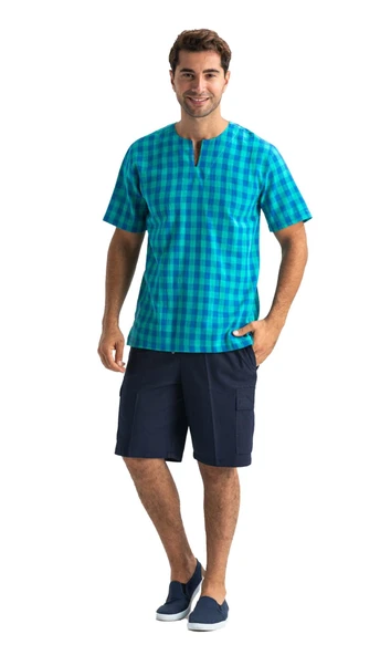 Kısa Kol Şile Bezi Bisiklet Yaka Erkek Yazlık Tshirt Mint Kareli 3033 - 6