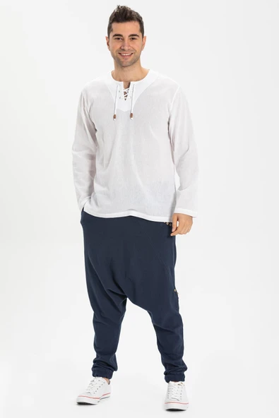 Uzun Kol Şile Bezi Zımbalı Erkek Yazlık Tshirt Beyaz 3001 ürün görseli