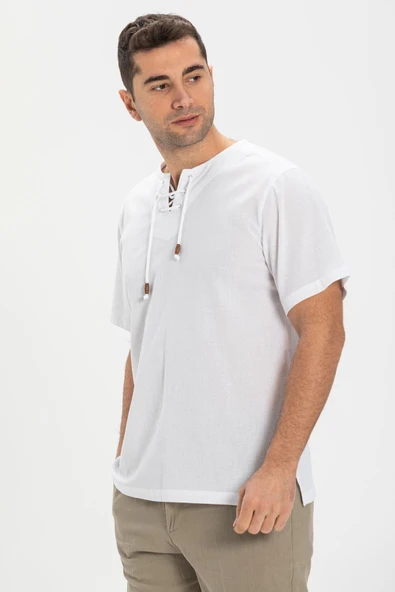Kısa Kol Şile Bezi Zımbalı Erkek Yazlık Tshirt Beyaz 3001 - 1