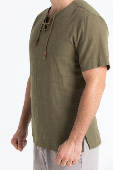 Kısa Kol Şile Bezi Zımbalı Erkek Yazlık Tshirt Haki 3049 - 3