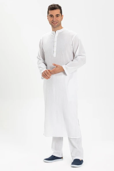 Uzun Kol Şile Bezi Erkek Hac ve Umre Elbisesi Beyaz Byz S Beyaz
