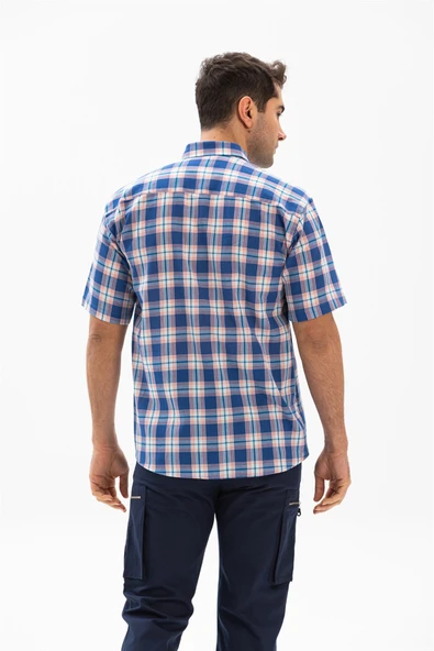 Kısa Kol Şile Bezi Tek Cepli Erkek Yazlık Gömlek Saks Ekose 3060 - 2