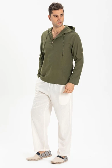 Şile Bezi Kapüşonlu Erkek Yazlık Sweatshirt Haki Hk 2XL Haki - 4