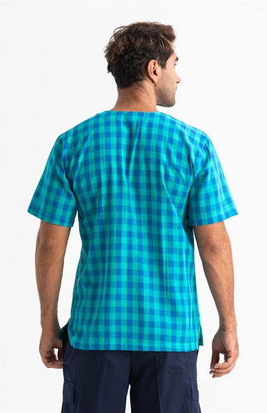 Kısa Kol Şile Bezi Bisiklet Yaka Erkek Yazlık Tshirt Mint Kareli 3033 - 2