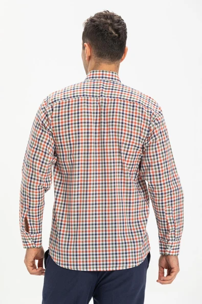 Uzun Kol Şile Bezi Tek Cepli Erkek Yazlık Gömlek Turuncu Lacivert Pötikare 3021 - Resim 2