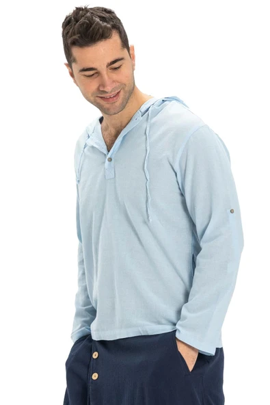 Şile Bezi Kapüşonlu Erkek Yazlık Sweatshirt Buz Mavi Bmv 2XL Buz Mavi - 6