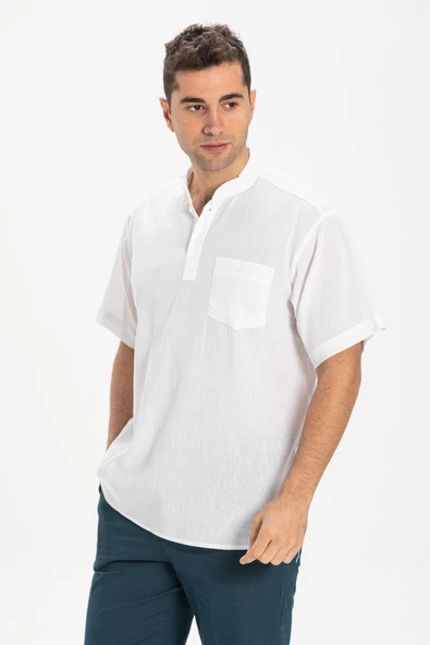 Kısa Kol Şile Bezi Tek Cepli Hakim Yaka Erkek Yazlık Tshirt Beyaz 3001 - 3