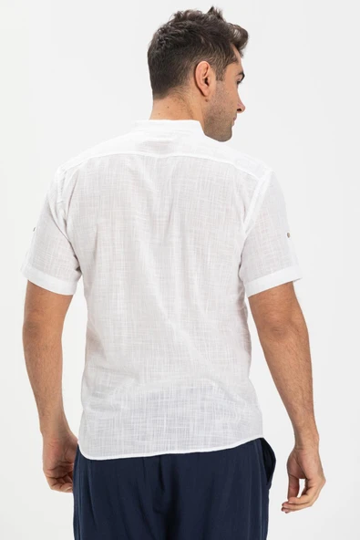 Kısa Kol Şantuklu Pamuk Bodrum Erkek Yazlık Tshirt Beyaz 3001 - 2