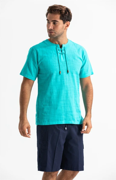 Kısa Kol Şile Bezi Zımbalı Erkek Yazlık Tshirt Turkuaz 3054 - 3