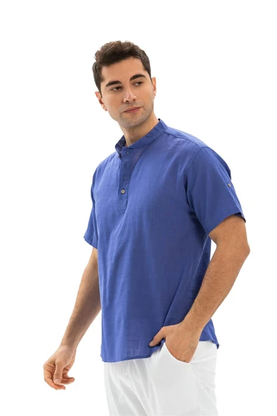 Kısa Kol Şantuklu Pamuk Bodrum Erkek Yazlık Tshirt Saks 3050 - 6