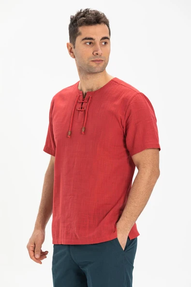Kısa Kol Şile Bezi Zımbalı Erkek Yazlık Tshirt Kırmızı 3051 - 1