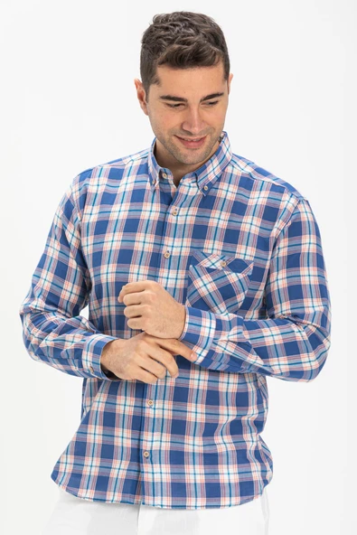 Uzun Kol Dar Kalıp Şile Bezi Tek Cepli Erkek Yazlık Gömlek Saks Ekose 3060 - Resim 3