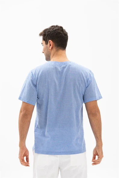 Kısa Kol Şile Bezi Zımbalı Erkek Yazlık Tshirt Mavi 3032 - 2