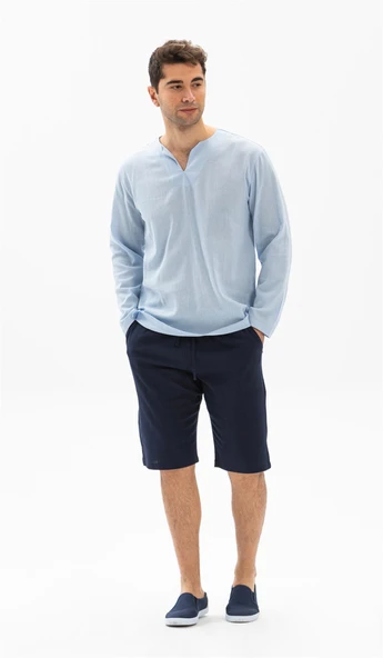 Uzun Kol Şile Bezi Bisiklet Yaka Erkek Yazlık Tshirt Buz Mavi 3027 - Resim 4