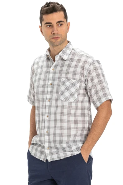 Kısa Kol Şile Bezi Tek Cepli Erkek Yazlık Gömlek Gri Ekose 3061 - 5