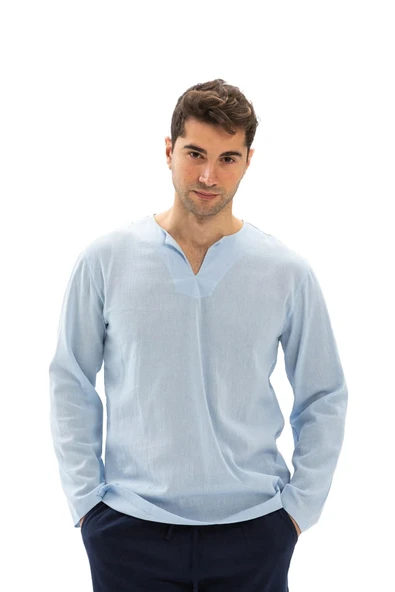 Uzun Kol Şile Bezi Bisiklet Yaka Erkek Yazlık Tshirt Buz Mavi 3027 - Resim 6