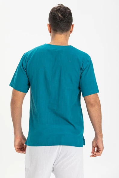 Kısa Kol Şile Bezi Zımbalı Erkek Yazlık Tshirt Petrol 3053 - 2