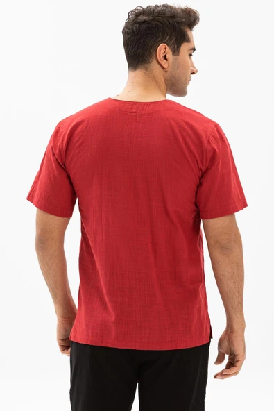 Kısa Kol Şile Bezi Bisiklet Yaka Erkek Yazlık Tshirt Kırmızı 3051 - 2