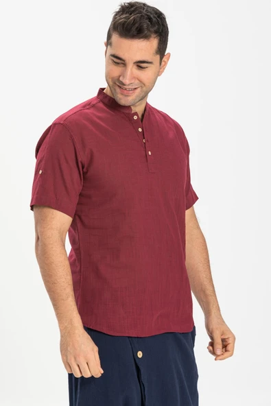 Kısa Kol Şantuklu Pamuk Bodrum Erkek Yazlık Tshirt Koyu Bordo 3068 - Resim 3