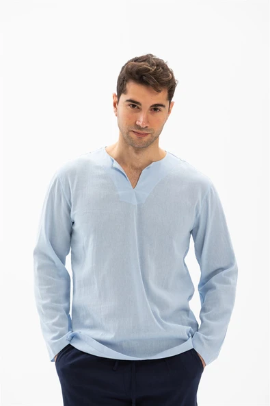 Uzun Kol Şile Bezi Bisiklet Yaka Erkek Yazlık Tshirt Buz Mavi 3027 ürün görseli