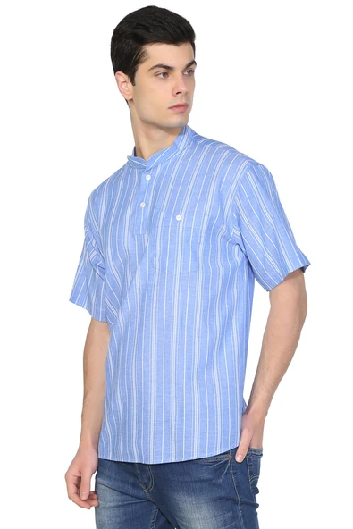 Kısa Kol Şile Bezi Tek Cepli Hakim Yaka Erkek Yazlık Tshirt Mavi Beyaz Çizgili 3019 - 4