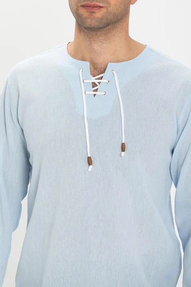 Uzun Kol Şile Bezi Zımbalı Erkek Yazlık Tshirt Buz Mavi 3027 - 3