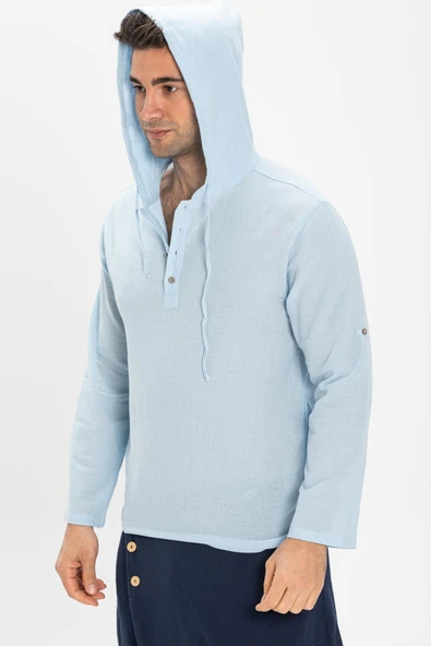Şile Bezi Kapüşonlu Erkek Yazlık Sweatshirt Buz Mavi Bmv 2XL Buz Mavi - 3