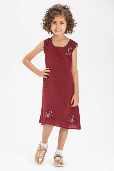 Burçak Şile Bezi Kız Çocuk Yazlık Elbise Bordo Brd 2-3 Yaş Bordo